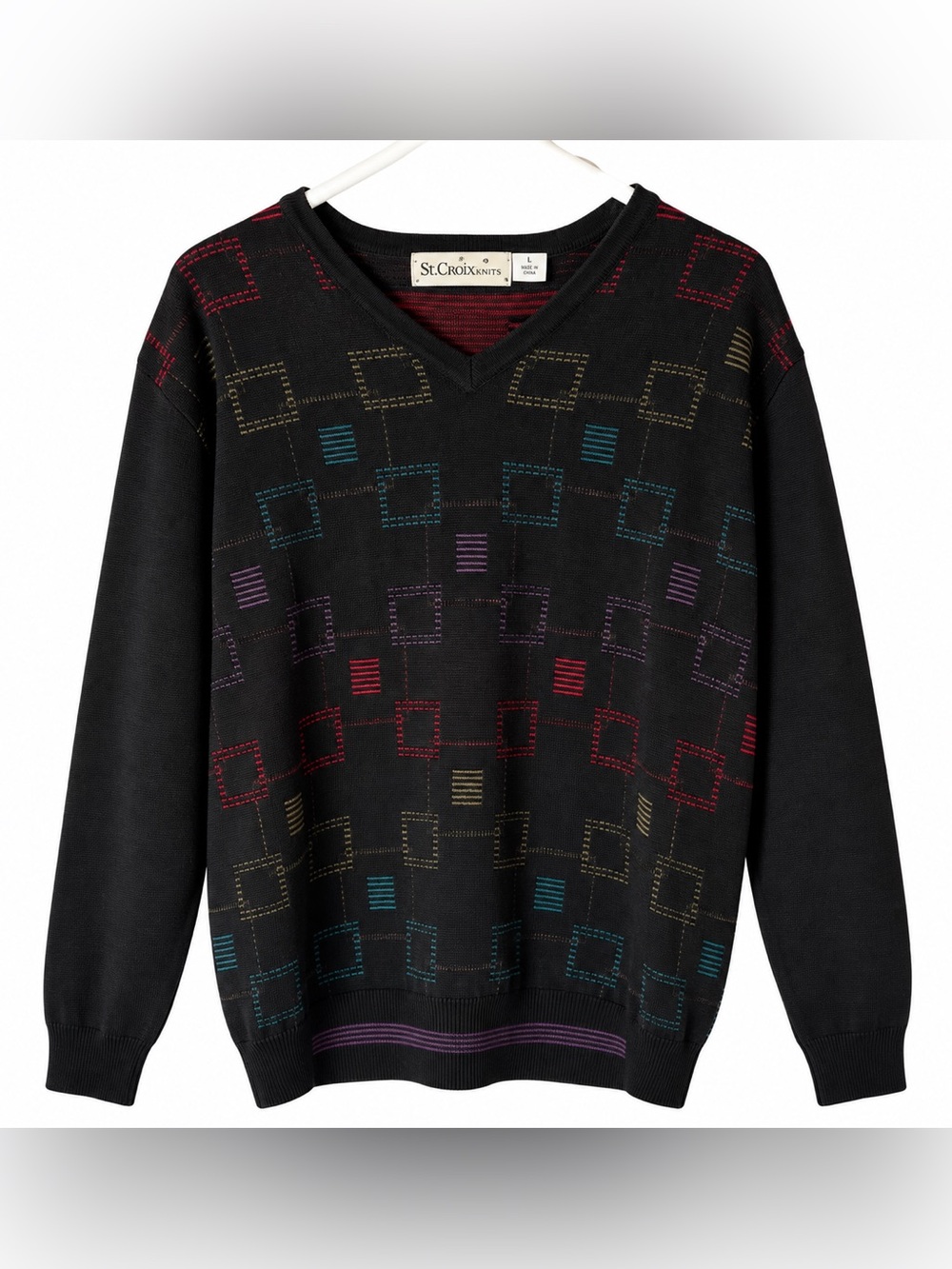 Vintage St. Croix Knits Men’s L V-Neck Geometric Sweater Black Multicolor